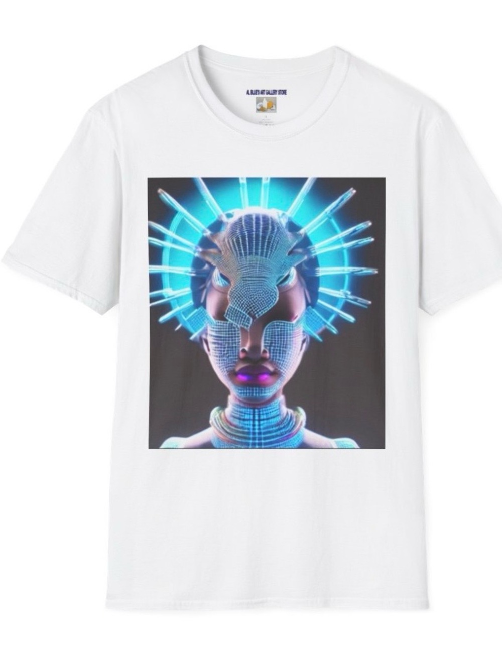 Al Blue designed,White T-Shirt with Neon Blue & Purple Futuristic Portrait